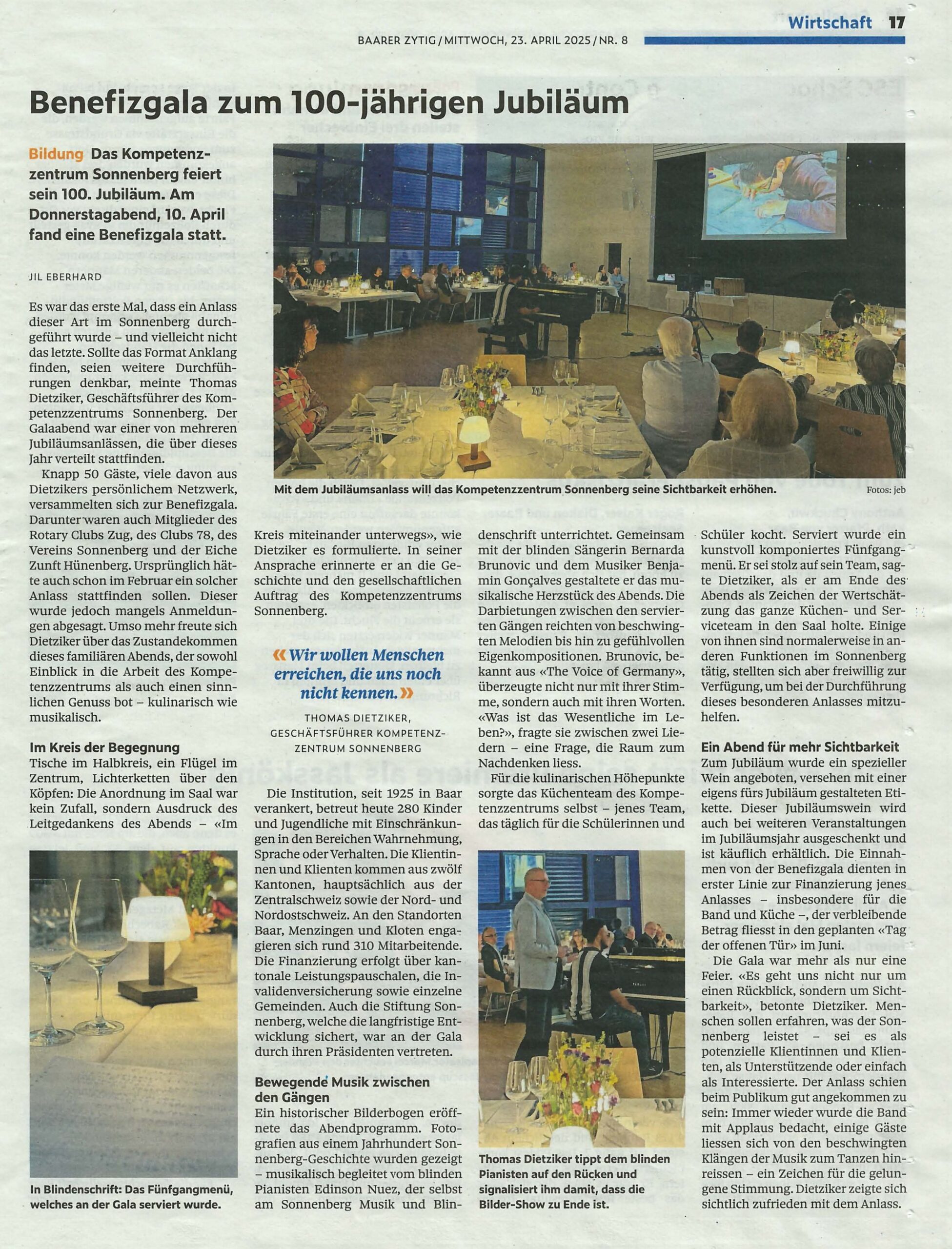Artikel der Baarer Zytig zur Benefizgala zum 100-jährigen Jubiläum